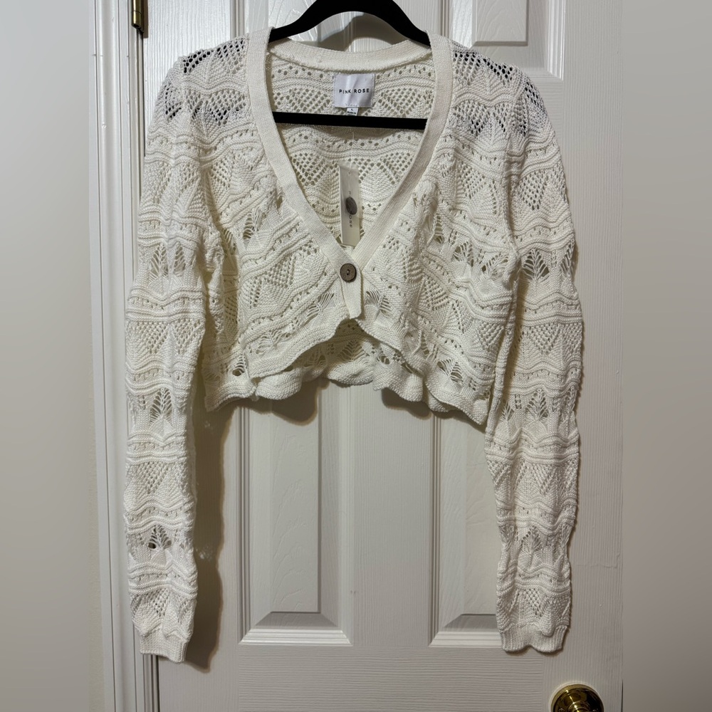 Pink Rose Crochet Cardigan Sweater With Front Button Closure